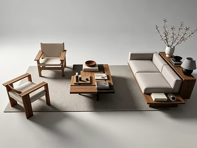 Modern Minimalist Sofa And Coffee Table Set With Wooden Chairs Area Rug And Decorative Vase 3d model