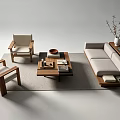 Modern Minimalist Sofa And Coffee Table Set With Wooden Chairs Area Rug And Decorative Vase