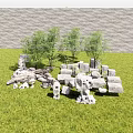 Natural Stone And Wood Decorations On Green Grass With Trees
