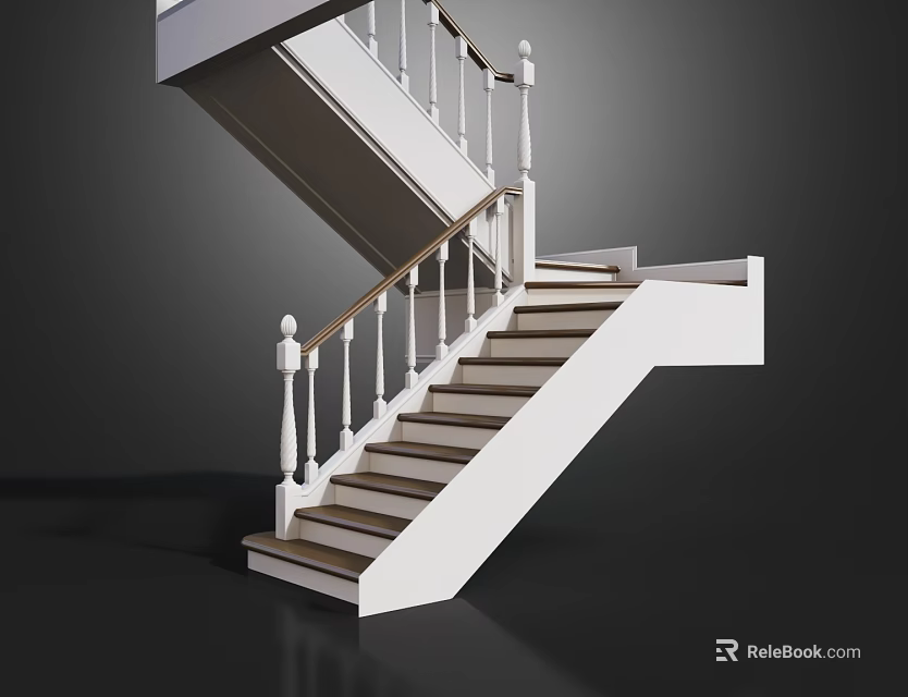 Elegant Modern Staircase Design with White Railings and Wooden Steps 3d model 