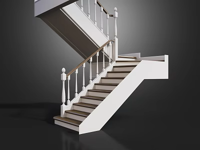 Elegant Modern Staircase Design with White Railings and Wooden Steps 3d model