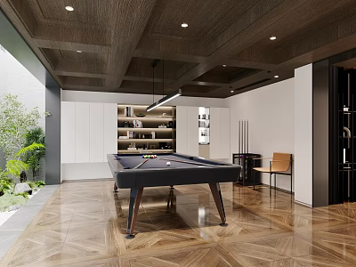 Modern Billiard Room With Wooden Ceiling Herringbone Floor Shelving And Green Plants 3d model