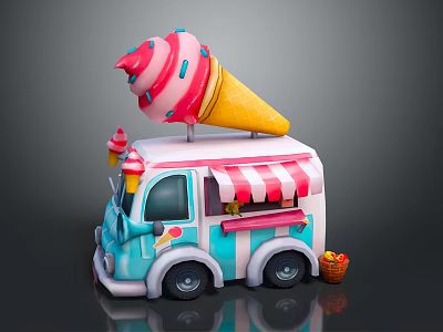 Colorful Ice Cream Truck With Giant Cone And Candy Basket 3d model
