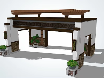 Traditional Chinese Style Gateway With Wooden Roof Stone Accents White Walls And Potted Plants 3d model