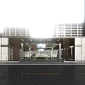 Modern Entrance Gate With High Rise Buildings Lighting Paved Ground And Greenery