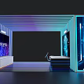 Modern Tech Event Display Wall Design With Blue Purple Lighting And Screens On Sides