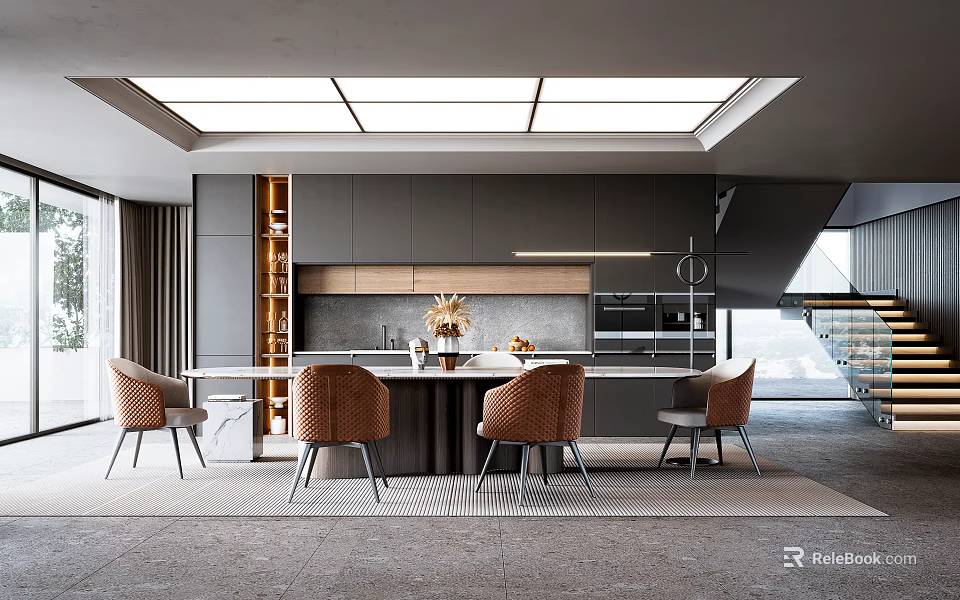 Modern Restaurant Interior With Open Kitchen Dining Table Brown Chairs Gray Cabinets And Skylight 3d model 