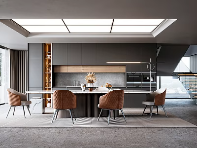 Modern Restaurant Interior With Open Kitchen Dining Table Brown Chairs Gray Cabinets And Skylight 3d model