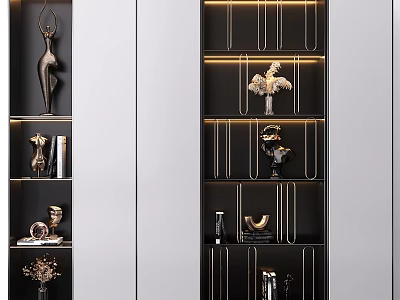 Modern Black Frame Open Shelf Cabinets With Decorative Sculptures Vases And Lighting 3d model