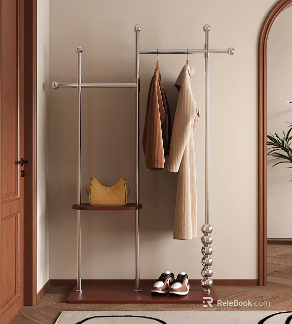 Modern Metal Coat Rack With Hanging Coats Wooden Shelf And Yellow Handbag 3d model 