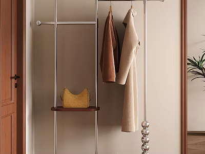 Modern Metal Coat Rack With Hanging Coats Wooden Shelf And Yellow Handbag 3d model