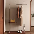 Modern Metal Coat Rack With Hanging Coats Wooden Shelf And Yellow Handbag