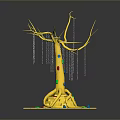Golden Decorative Tree with Intricate Branches and Roots on Square Base Against Gray Background