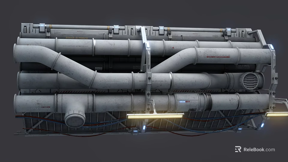 Large Industrial Steel Pipes Arranged With Metal Support Brackets And Bright Light 3d model 