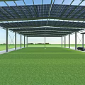 Large Outdoor Carport Structure With Vehicles Parked On Grass Near Trees
