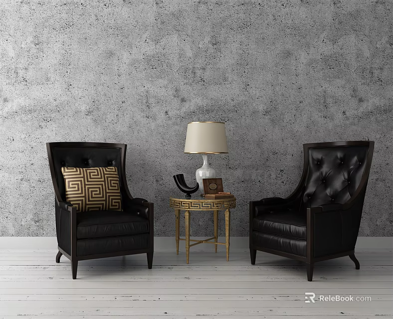 Leisure Sofa Set Featuring Black Leather Armchairs Gold Side Table And Table Lamp 3d model