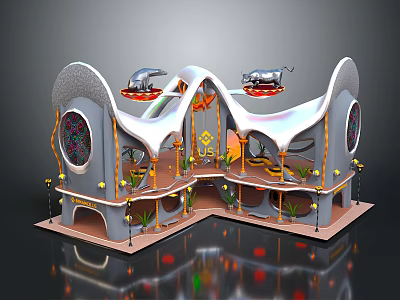 Unique Architectural Model With Decorative Roof Colorful Windows And Multi Level Structure 3d model