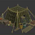Camping Tent Setup With Green Canopy Buckets Crates Planks And Bottles