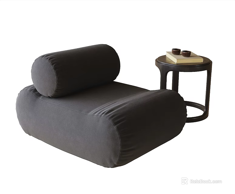 Gray Bean Bag Chair With Small Round Side Table And Book Glasses 3d model