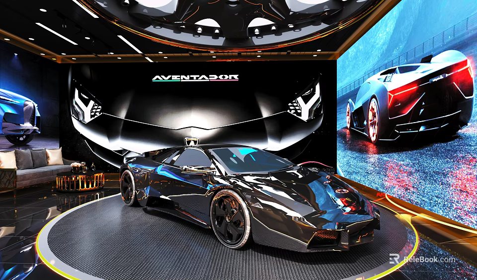 Aventador Sports Car On Rotating Platform With Large Screen Display 3d model 