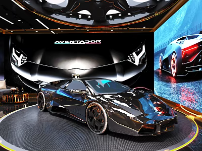 Aventador Sports Car On Rotating Platform With Large Screen Display 3d model