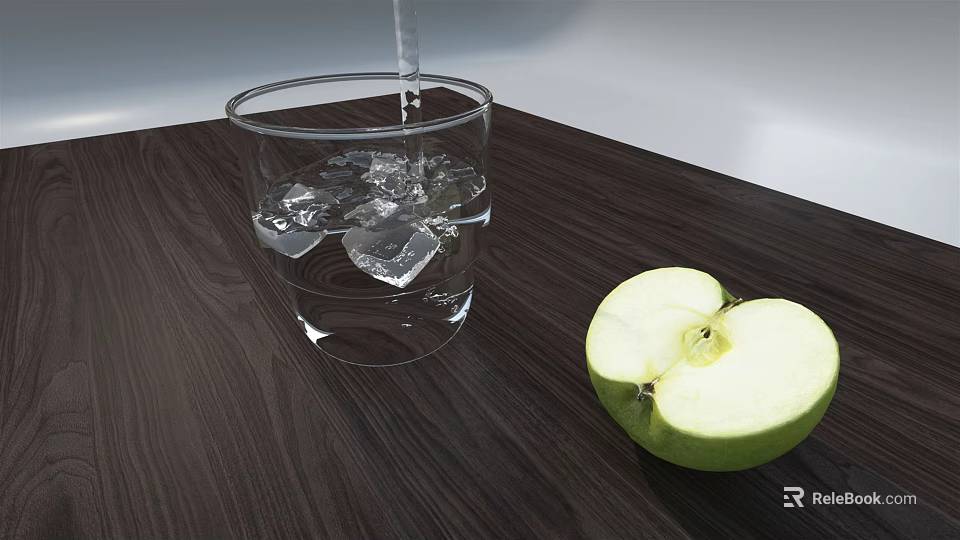 Refreshing Water With Ice Cubes Being Poured Into Glass Next To Green Apple 3d model 
