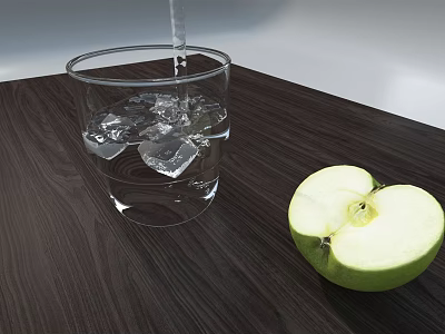 Refreshing Water With Ice Cubes Being Poured Into Glass Next To Green Apple 3d model