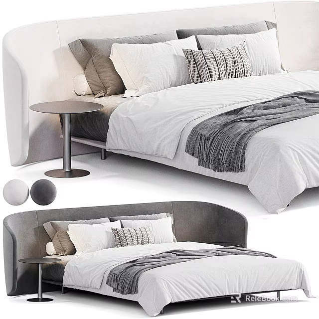 Modern Double Bed With Gray Headboard Soft Pillows Cozy Blanket And Round Bedside Table 3d model