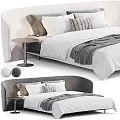 Modern Double Bed With Gray Headboard Soft Pillows Cozy Blanket And Round Bedside Table 3d model