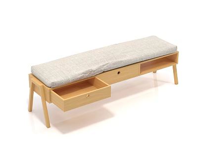 Modern Wooden Sofa Bench With Light Gray Cushion And Storage Drawers 3d model