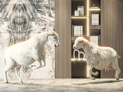 White Sheep Sculptures Against Decorative Wall With Lit Display Cabinet And Ornate Details 3d model