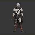 Detailed Silver Armored Warrior with Brown Cloak and Weapon in Standing Pose