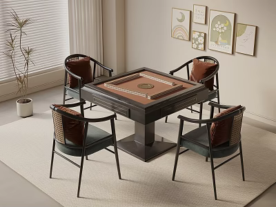 Cozy Room With Mahjong Table Four Chairs Cushions Plant And Decorative Paintings 3d model