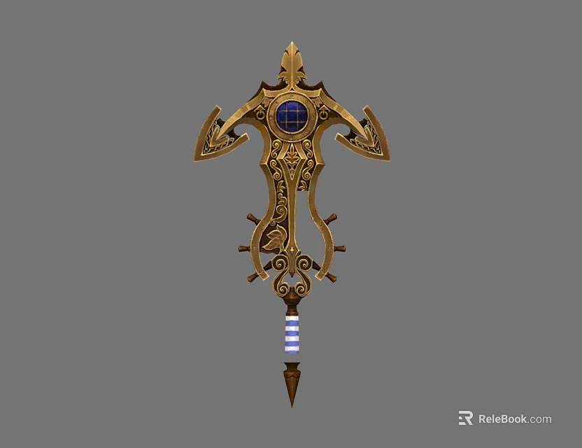 Golden Decorative Weapon With Blue Gem Intricate Patterns And Spear Tip 3d model