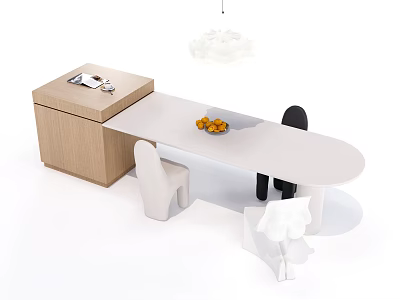 Modern Dining Table Set With Wooden Cabinet White Black Chairs And Fruit Bowl 3d model