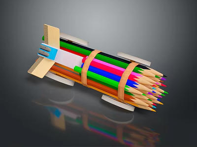 Colorful Pencils Neatly Organized In Wooden Holder With Elastic Bands 3d model