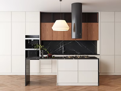 Modern Kitchen Interior With White And Wooden Cabinets Black Countertop And Island 3d model