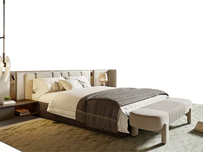 Modern Double Bed With Beige Headboard White Pillows Gray Blanket And Bench 3d model