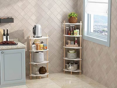 Kitchen Corner Shelving Unit With Cooking Essentials And Bright Tiled Wall 3d model