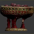 Ornamental Red Gold Bowl Decor Set With Green Patterns On Carved Stand White Accents