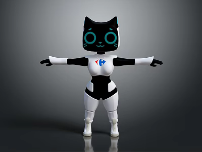 Cute Black White Cat Shaped Robot With Large Eyes And Open Arms 3d model