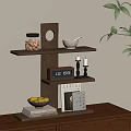 Wooden Three Tier Shelf Displaying Glass Jar Grains White Bowl Clock Candles Books and Fruits