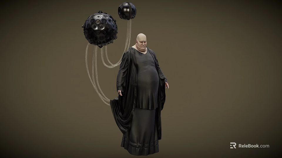 Bald Obese Game Movie Character In Black Robe With Hanging Black Spherical Objects 3d model 