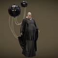 Bald Obese Game Movie Character In Black Robe With Hanging Black Spherical Objects