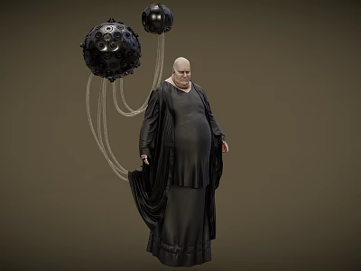 Bald Obese Game Movie Character In Black Robe With Hanging Black Spherical Objects 3d model