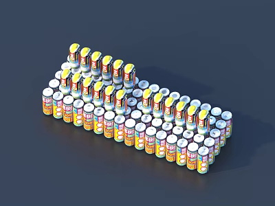 Stacked Canned Beverages Arranged in Pyramid Shape with White Yellow Red Colors 3d model