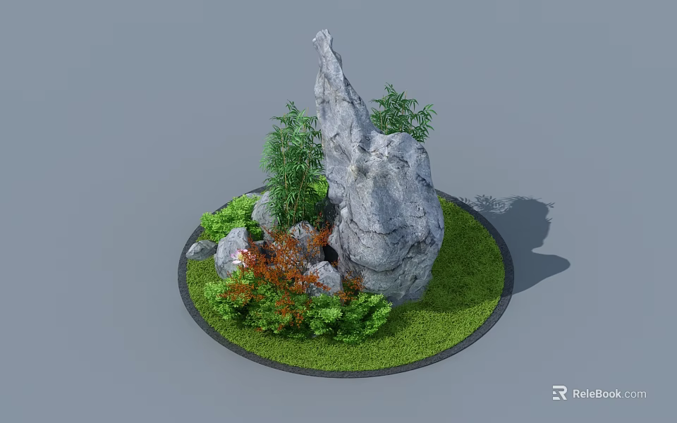 Round Garden Ornament with Large Rock Green Grass Bamboo Plants and Orange Shrubs 3d model 