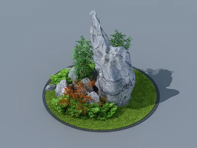 Round Garden Ornament with Large Rock Green Grass Bamboo Plants and Orange Shrubs 3d model
