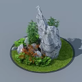 Round Garden Ornament with Large Rock Green Grass Bamboo Plants and Orange Shrubs