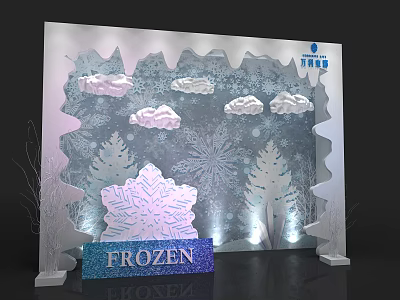 Illuminated Frozen Themed Decorative Backdrop With Snowflakes Clouds And Tree Patterns 3d model